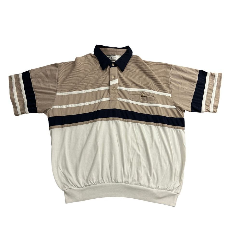 Classics by Palmland Polo Shirt Mens XL Tan Navy White Excellent Striped Vintage